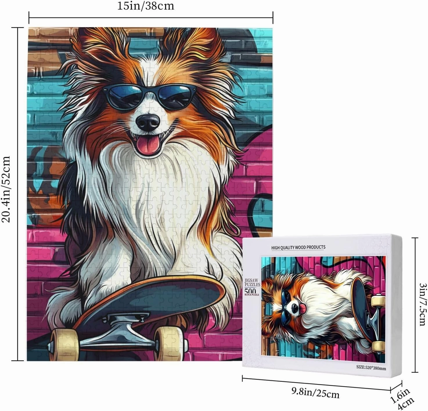 Skateboarding Dog Jigsaw Puzzles 500 PCS,Fun Animal Art for Home Decor Wooden Puzzle,Challenging Brain Game & Funny Gift for Pet Lovers,Gift Suitable Family Friends