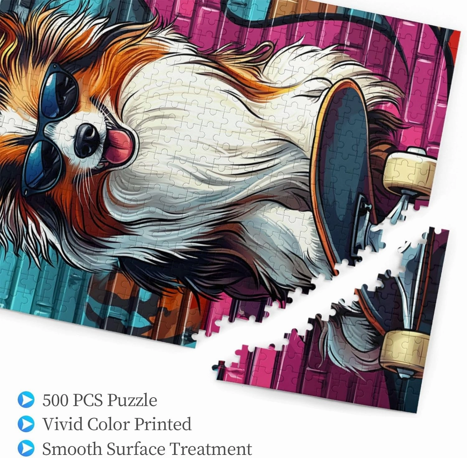 Skateboarding Dog Jigsaw Puzzles 500 PCS,Fun Animal Art for Home Decor Wooden Puzzle,Challenging Brain Game & Funny Gift for Pet Lovers,Gift Suitable Family Friends