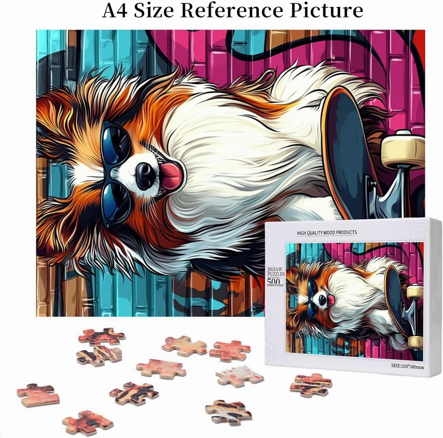 Skateboarding Dog Jigsaw Puzzles 500 PCS,Fun Animal Art for Home Decor Wooden Puzzle,Challenging Brain Game & Funny Gift for Pet Lovers,Gift Suitable Family Friends