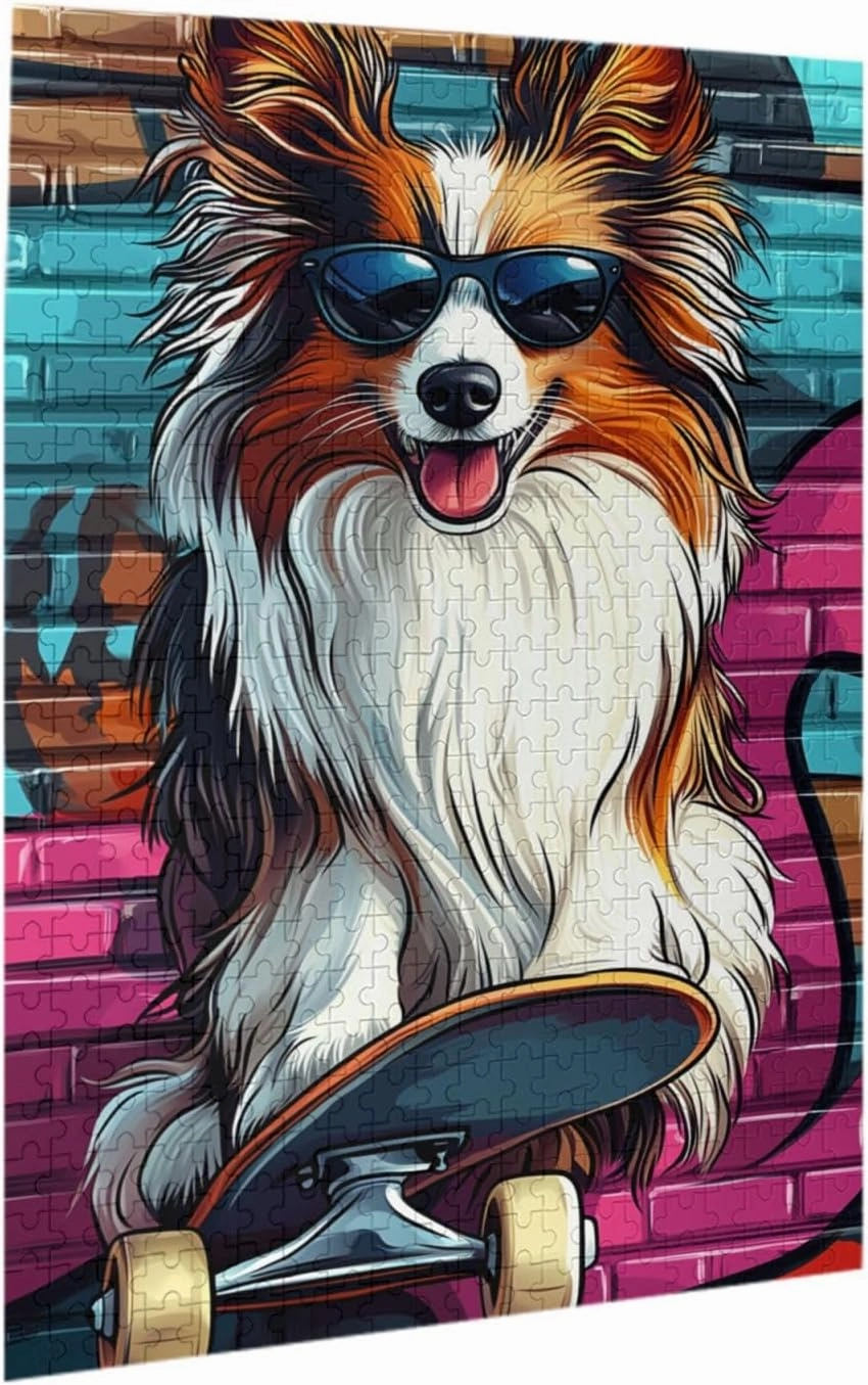 Skateboarding Dog Jigsaw Puzzles 500 PCS,Fun Animal Art for Home Decor Wooden Puzzle,Challenging Brain Game & Funny Gift for Pet Lovers,Gift Suitable Family Friends