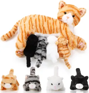 Skylety Nurturing Cat Stuffed Animal with 4 Plush Kittens, Cat Baby Stuffed for Girls and Boys Plushy Mommy Kitty with Baby Kittens for Birthday Party Favors Gifts(Cute Style)