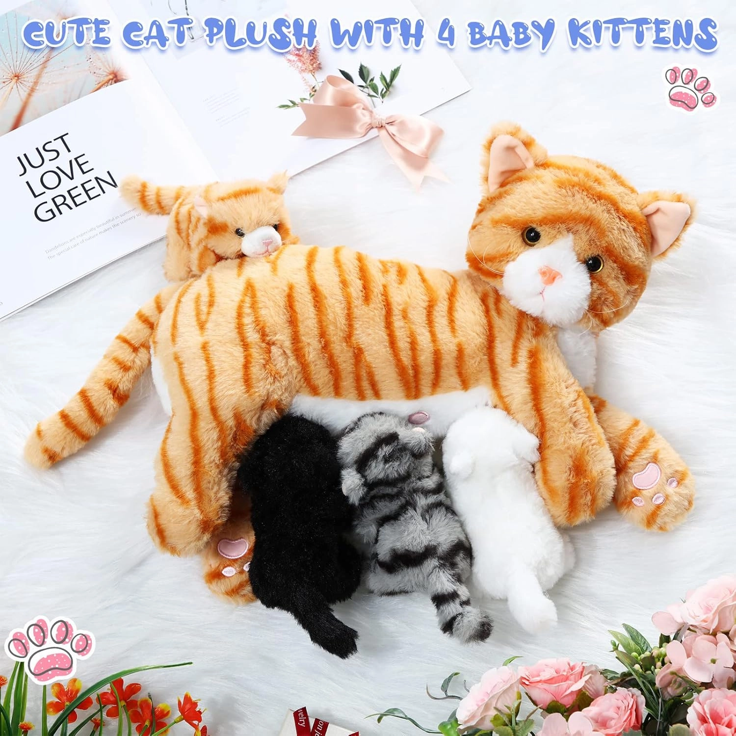 Skylety Nurturing Cat Stuffed Animal with 4 Plush Kittens, Cat Baby Stuffed for Girls and Boys Plushy Mommy Kitty with Baby Kittens for Birthday Party Favors Gifts(Cute Style)