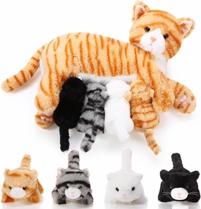 Skylety Nurturing Cat Stuffed Animal with 4 Plush Kittens, Cat Baby Stuffed for Girls and Boys Plushy Mommy Kitty with Baby Kittens for Birthday Party Favors Gifts(Cute Style)