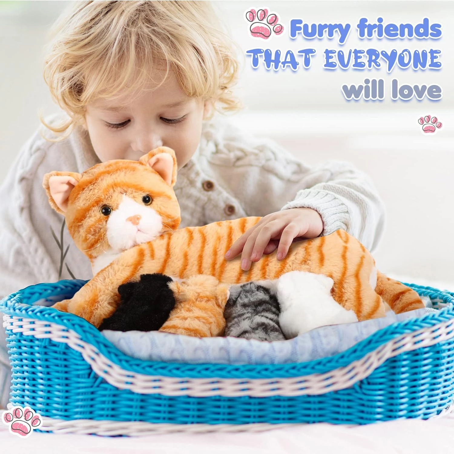 Skylety Nurturing Cat Stuffed Animal with 4 Plush Kittens, Cat Baby Stuffed for Girls and Boys Plushy Mommy Kitty with Baby Kittens for Birthday Party Favors Gifts(Cute Style)