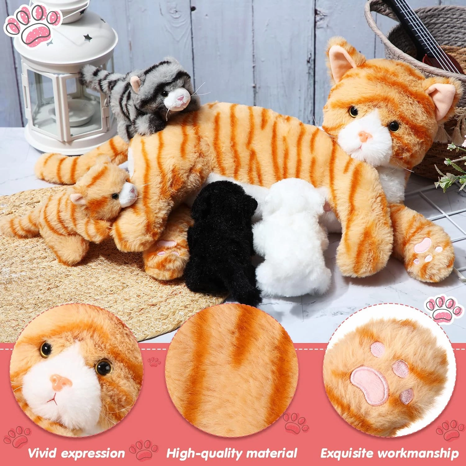 Skylety Nurturing Cat Stuffed Animal with 4 Plush Kittens, Cat Baby Stuffed for Girls and Boys Plushy Mommy Kitty with Baby Kittens for Birthday Party Favors Gifts(Cute Style)