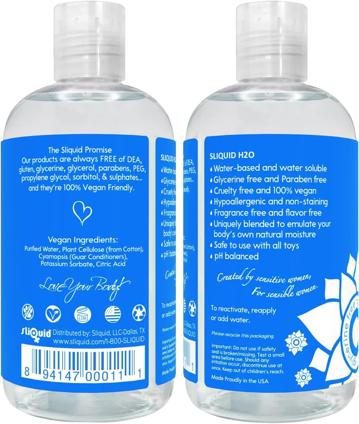 Sliquid H20 Water Based Lube, Natural Lubricant Glycerin Free Personal Lubricants, (8.5 Oz) Clear, Unscented