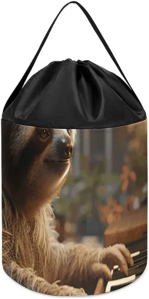 Sloth Playing Piano Cartoon Toy Storage Basket Reusable Drawstring Toy Bucket Bags Toy Hamper Round Toys Clothes Storage Basket for Playroom