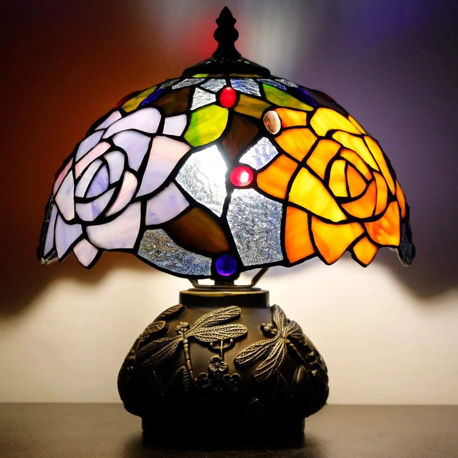Small Tiffany Table Lamp Yellow Purple Rose Style Stained Glass Desk Lamp 10X11.5 Inch Mushroom Table Light for Office Home Living Room Bedroom