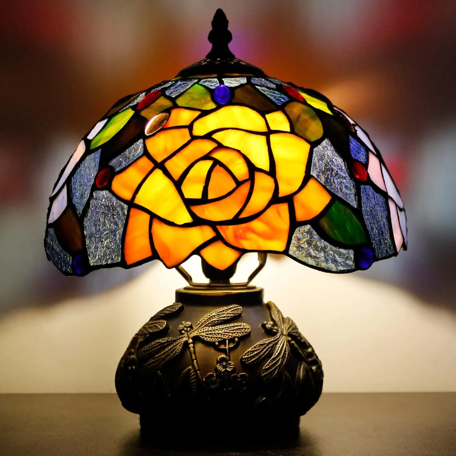 Small Tiffany Table Lamp Yellow Purple Rose Style Stained Glass Desk Lamp 10X11.5 Inch Mushroom Table Light for Office Home Living Room Bedroom