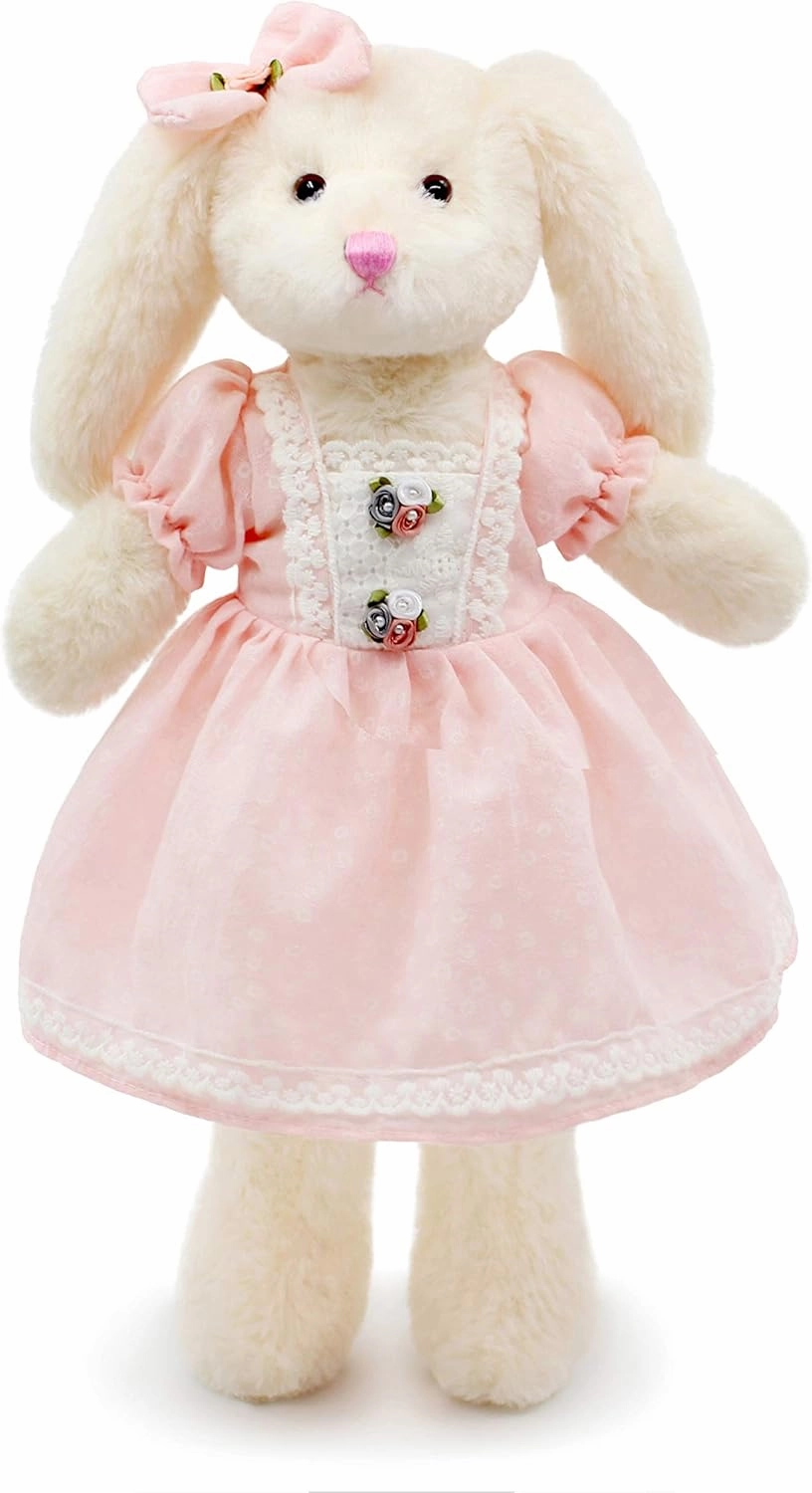 Small Soft Stuffed Animal Bunny Rabbit Plush Toy for Baby Girls 15inch (White Rabbit Wearing Pink Retro Dress)