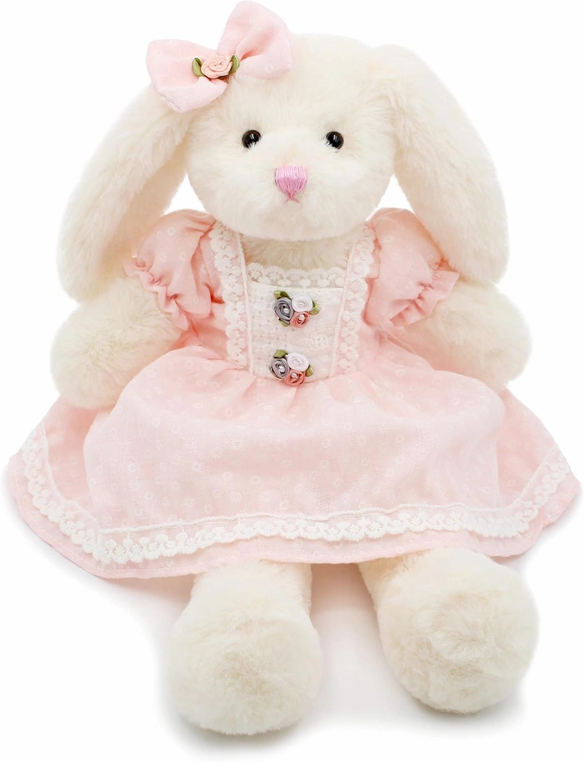 Small Soft Stuffed Animal Bunny Rabbit Plush Toy for Baby Girls 15inch (White Rabbit Wearing Pink Retro Dress)