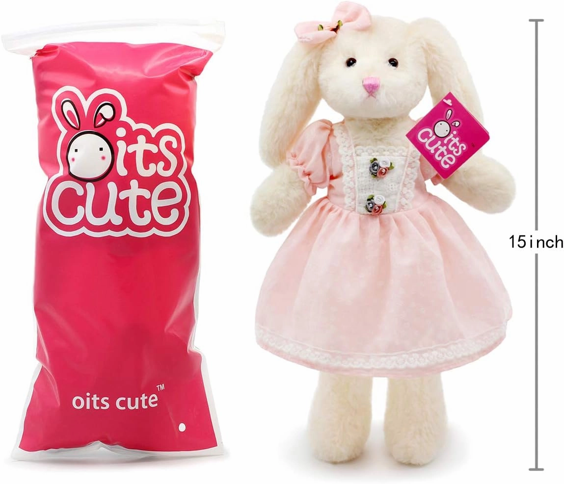 Small Soft Stuffed Animal Bunny Rabbit Plush Toy for Baby Girls 15inch (White Rabbit Wearing Pink Retro Dress)
