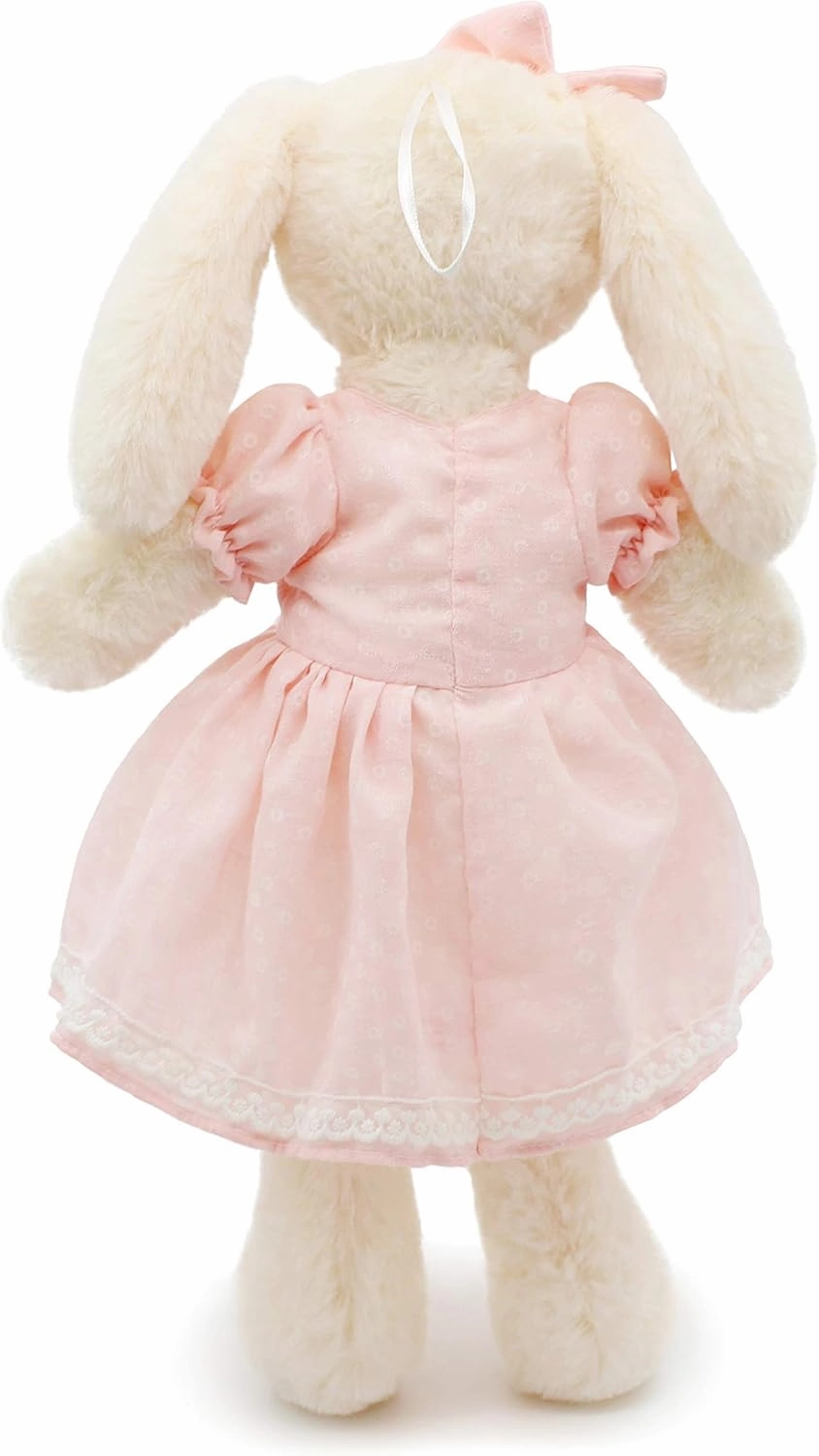 Small Soft Stuffed Animal Bunny Rabbit Plush Toy for Baby Girls 15inch (White Rabbit Wearing Pink Retro Dress)