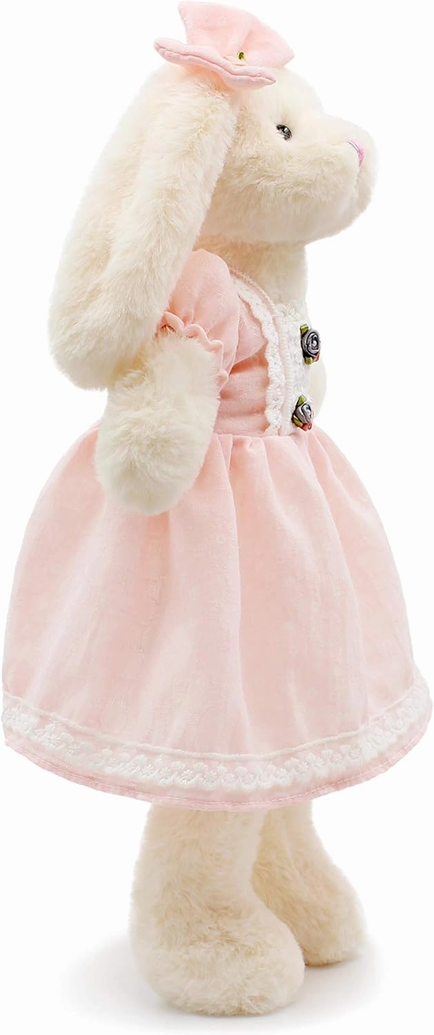 Small Soft Stuffed Animal Bunny Rabbit Plush Toy for Baby Girls 15inch (White Rabbit Wearing Pink Retro Dress)