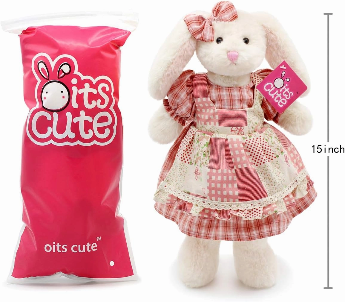 Small Soft Stuffed Animal Bunny Rabbit Plush Toy for Baby Girls 15inch (White Rabbit Wearing Red Plaid Dress)