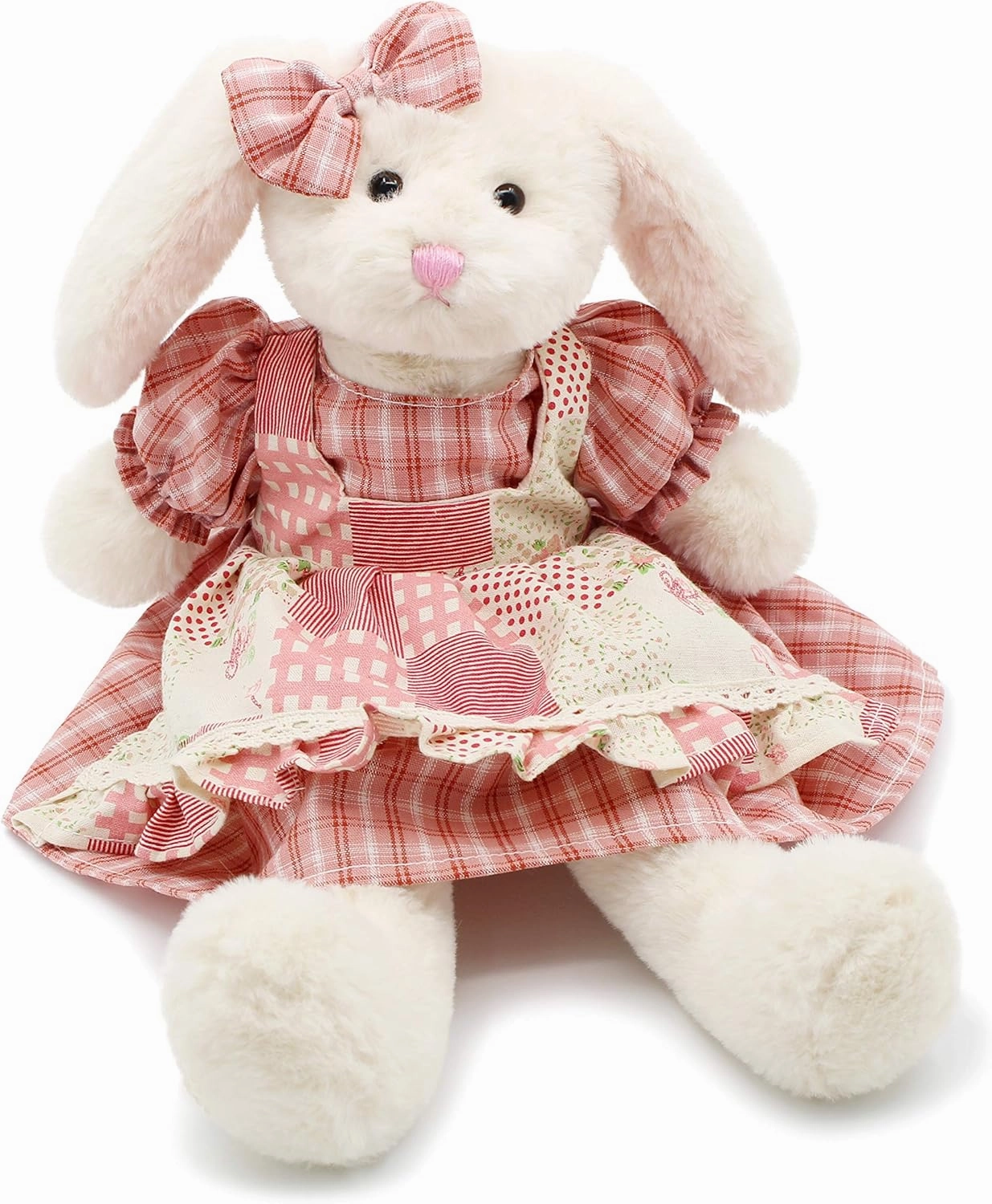 Small Soft Stuffed Animal Bunny Rabbit Plush Toy for Baby Girls 15inch (White Rabbit Wearing Red Plaid Dress)