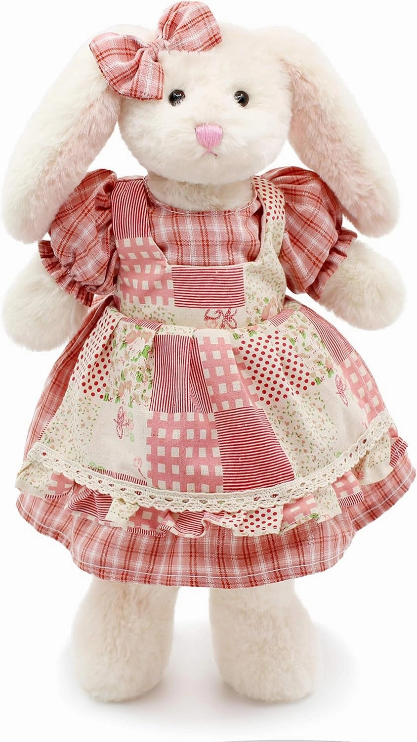 Small Soft Stuffed Animal Bunny Rabbit Plush Toy for Baby Girls 15inch (White Rabbit Wearing Red Plaid Dress)