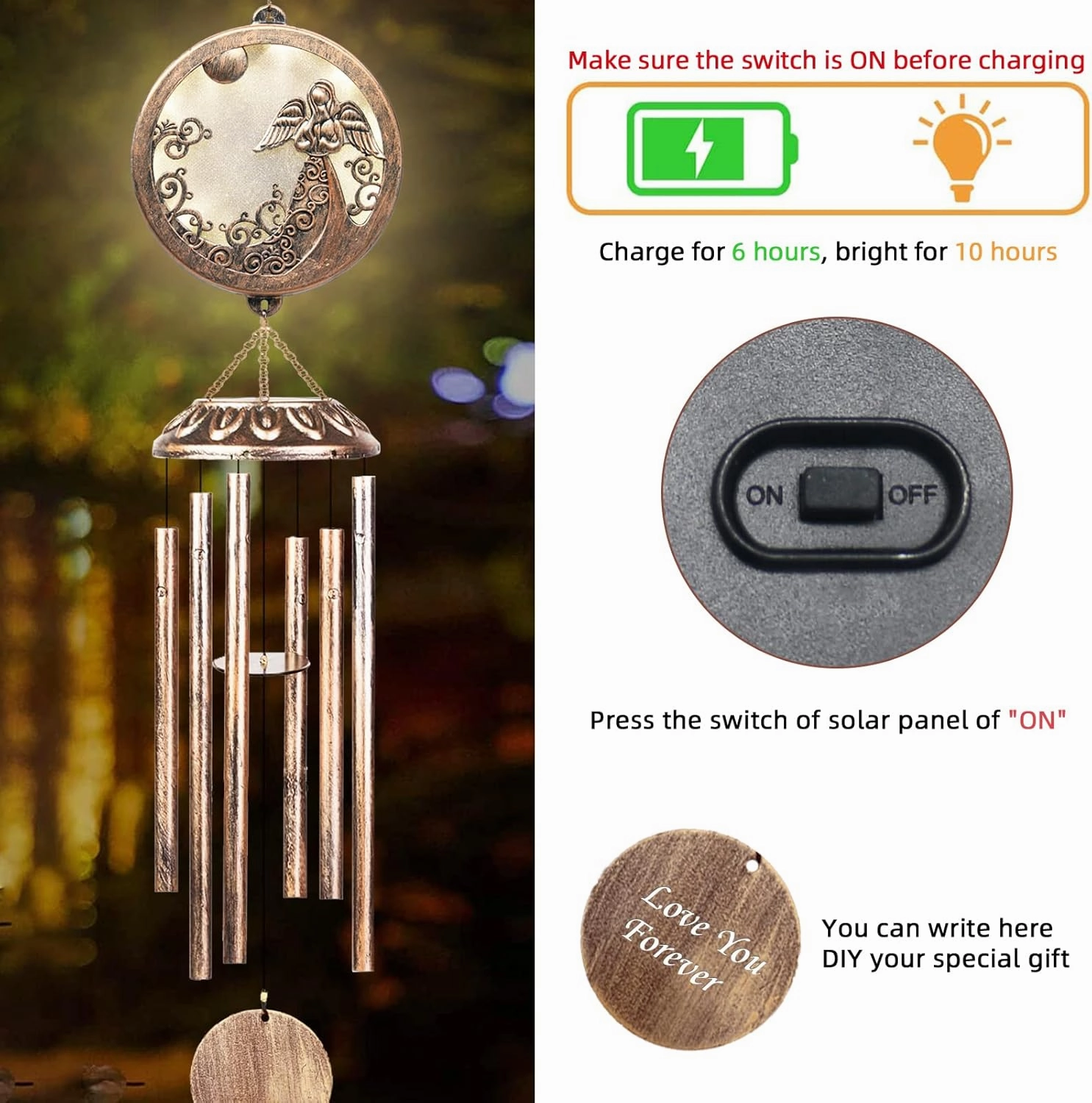 Solar Angel Wind Chimes for Outside-Memorial Wind Chimes- Memorial Wind Chime for Garden/Patio Decor Gifts for Mom Women-Loss of Loved One (33 Inch Deep Tone)