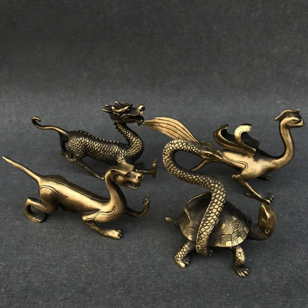 Solid Copper Four Great Auspicious Beasts,Green Dragon, White Tiger, Zhu Que, Xuanwu, Antique Bronze Ware Animal Tea Pet Ornament (D)