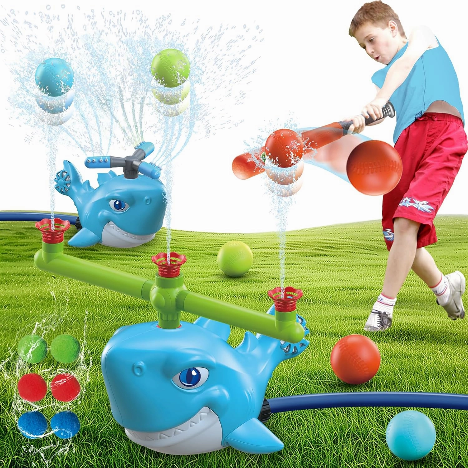 Splash Baseball Outdoor Water Toy, 3-in-1 Whale Sprinkler Set, DIY Assembly Kids Game