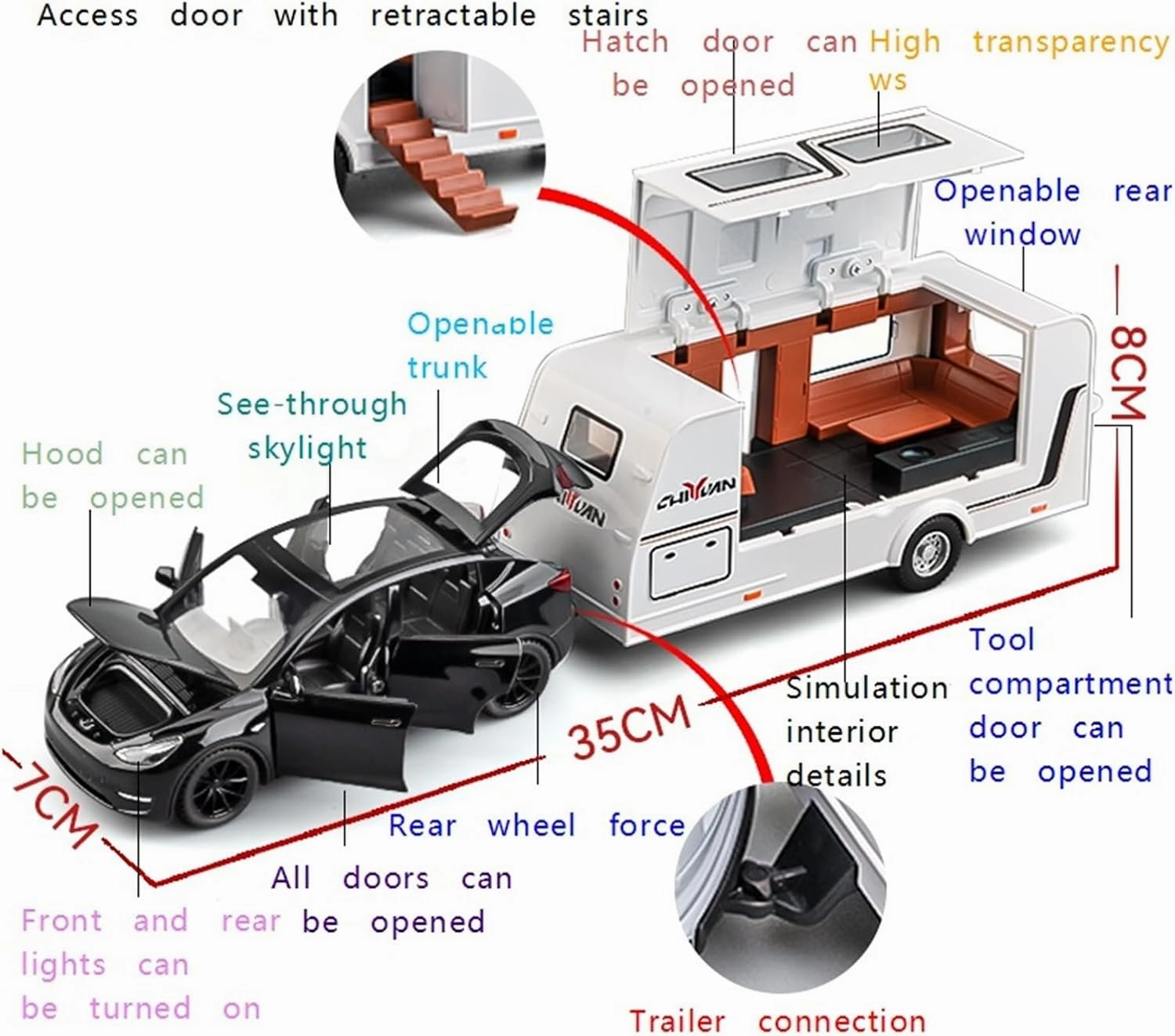 Sports car Metal Model 1 32 for Tesla Modely Car Model Alloy Simulation Trailer RV Toy Car Model Collection Ornaments for Home Décor(White)