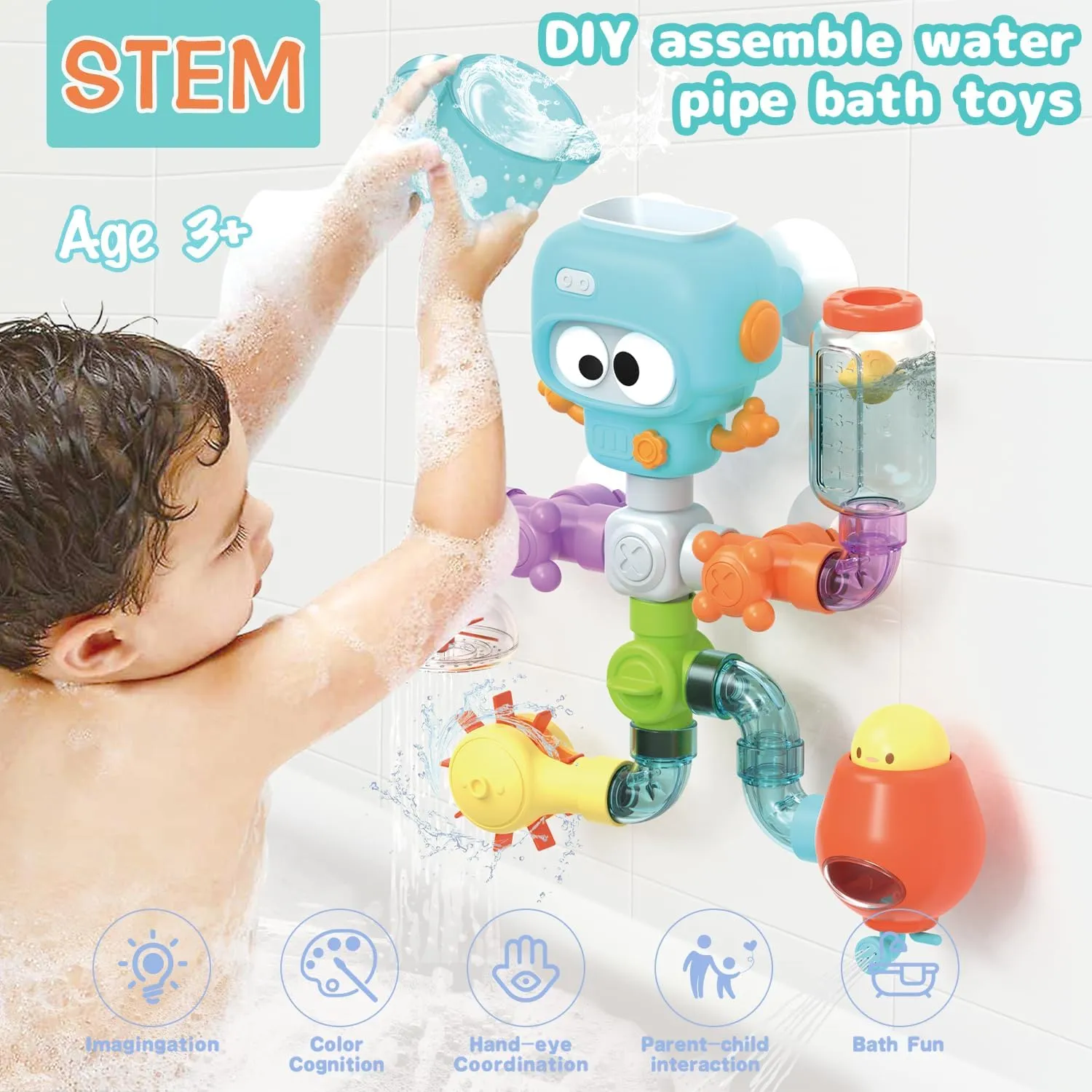 STEM Bath Toys for Kids 3-8 Years | 21 PCS DIY Assembly Water Pipe Building Kit | | Mold-Free Toddler Bathtub Wall Toys | Educational Engineering Learning Gift