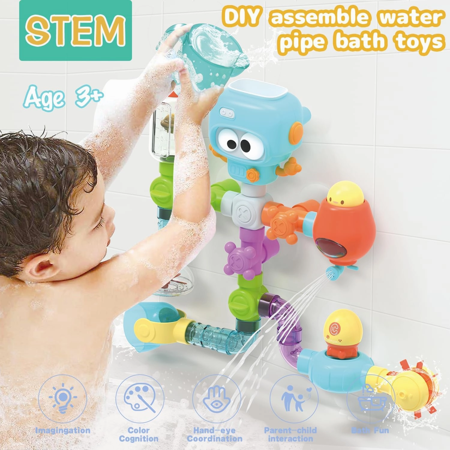 STEM Bath Toys for Kids 3-8 Years | 27 PCS DIY Assembly Water Pipe Building Kit | | Mold-Free Toddler Bathtub Wall Toys | Educational Engineering Learning Gift