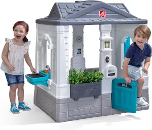 Step2 Neat & Tidy Cottage Kids Playhouse, Indoor/Outdoor Playset, Interactive Play with Sounds, Made of Durable Plastic, for Toddlers 1.5  Years Old, Grey