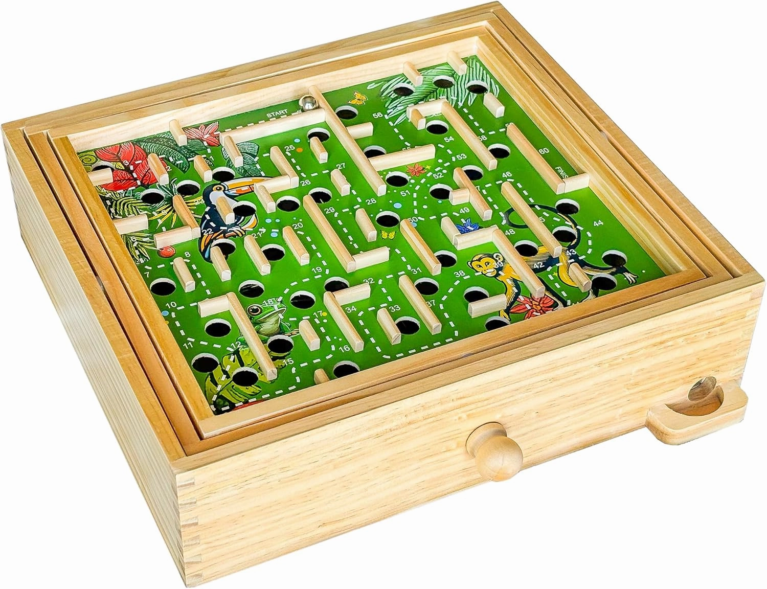 STERLING Games Wooden Labyrinth Jungle Nature Theme Tilt Maze Game with Marble Ball and 60 Waypoints for 6 Years Up, 13.5" x 13" Board