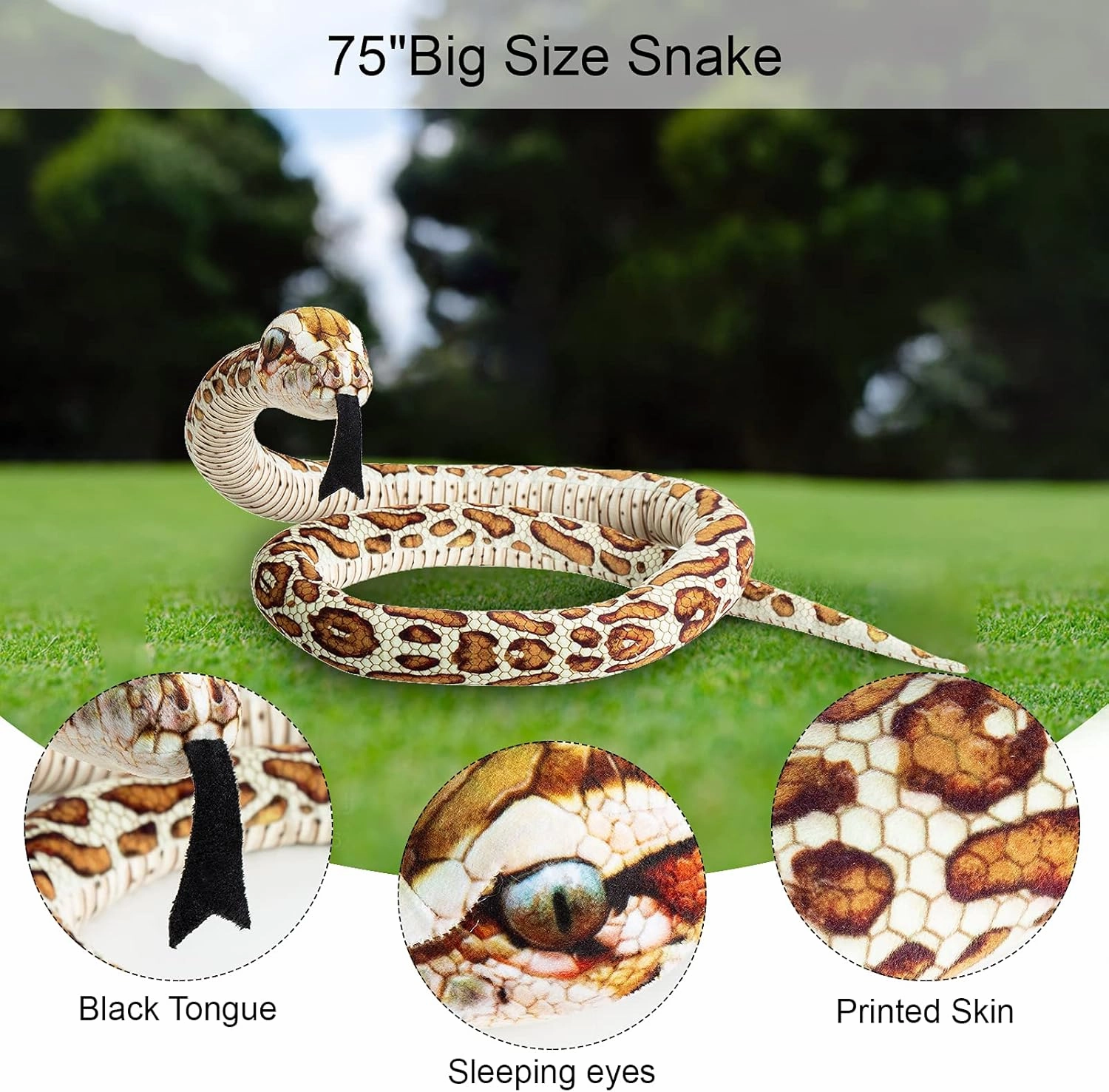 Stuffed Snake Realistic Plush Toy for Kids, Stuffed Animal Holiday, Birthday Gift, Super Soft and Cuddly, 75" (Brown)