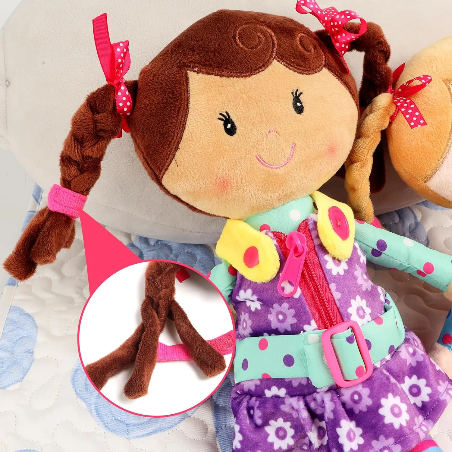 Sugar Snap Plush Doll for Toddlers Learn to Dress Montessori Toy - Dress Me Doll - Zipper, Snaps, Buttons, Buckle - Educational Toy for 2 3 Year Old Girl - Montessori Doll - 15" - Purple Dress