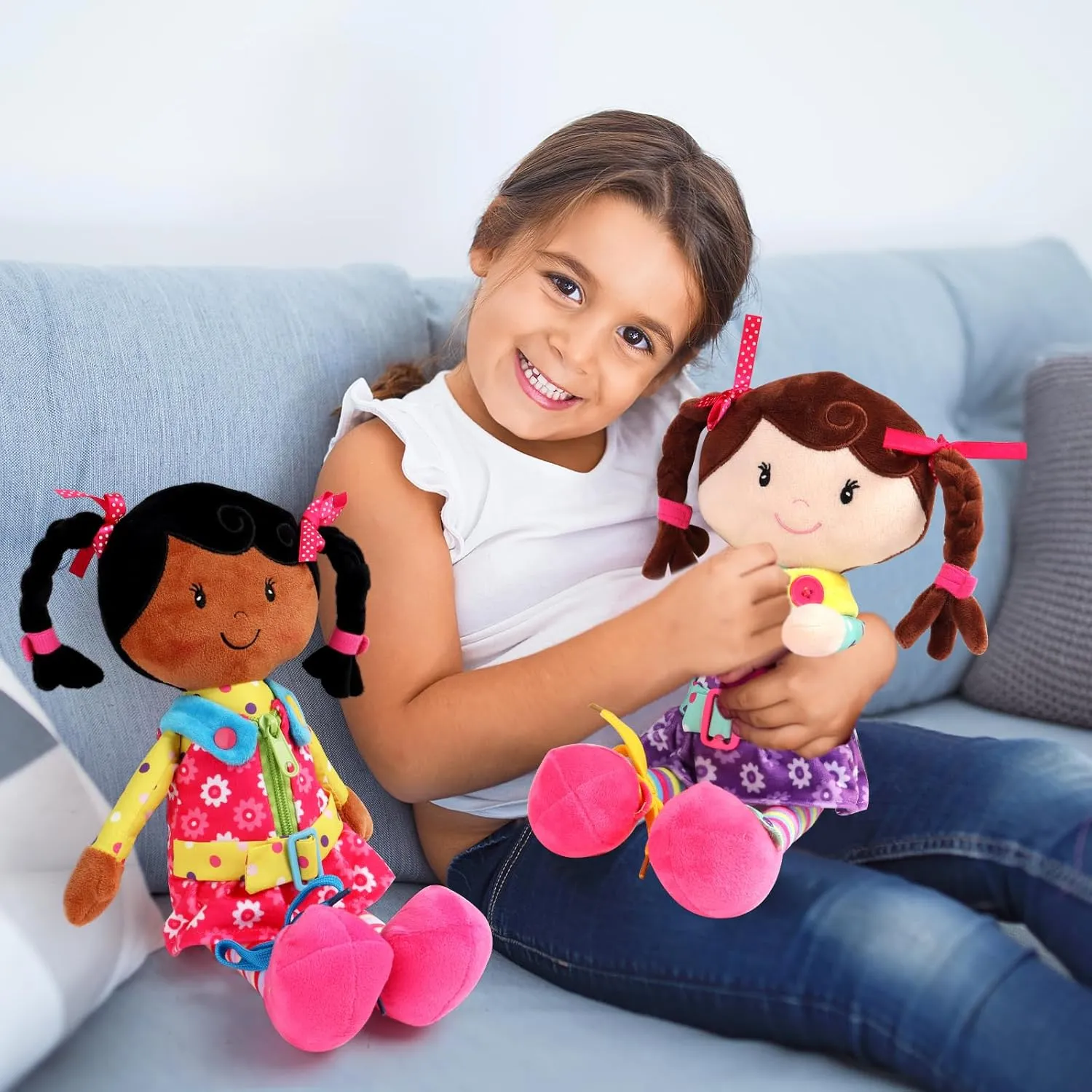 Sugar Snap Plush Doll for Toddlers Learn to Dress Montessori Toy - Dress Me Doll - Zipper, Snaps, Buttons, Buckle, Shoe Tying Practice - Educational Toy for 2 3 Year Old Girl - Montessori Doll - 15"