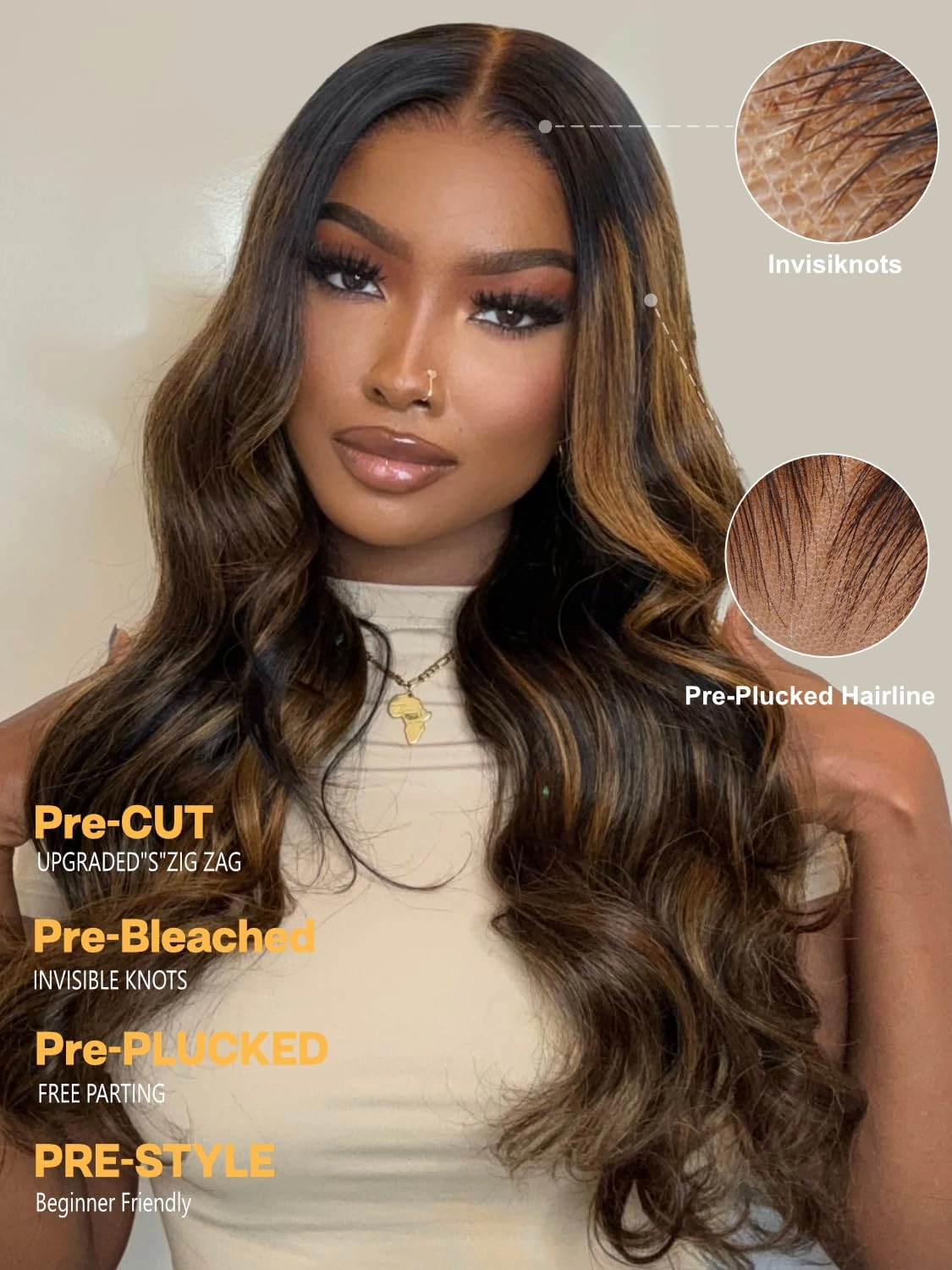 Sunber Ombre Highlight #FB30 13x4 Lace Front Human Hair Wigs Pre Everything 12A Human Hair Balayage Wavy Pre Plucked Invisible Knots 24Inch Piano Chocolate Brown 150% Density Body Wave Frontal Wig