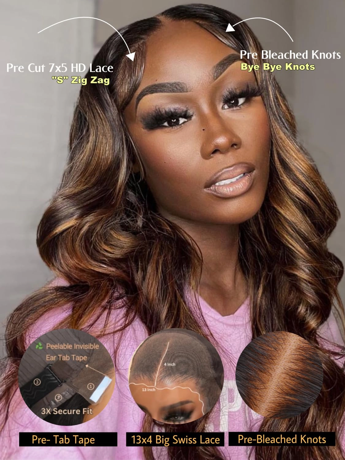 Sunber Ombre Highlight #FB30 13x4 Lace Front Human Hair Wigs Pre Everything 12A Human Hair Balayage Wavy Pre Plucked Invisible Knots 24Inch Piano Chocolate Brown 150% Density Body Wave Frontal Wig