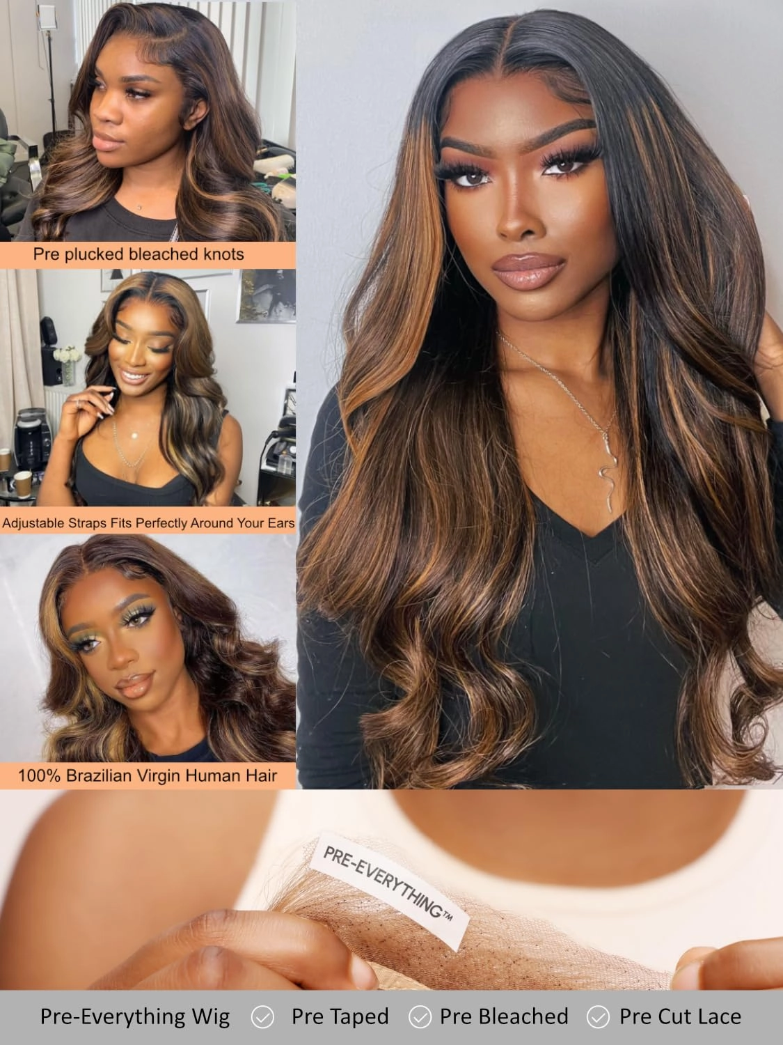 Sunber Ombre Highlight #FB30 13x4 Lace Front Human Hair Wigs Pre Everything 12A Human Hair Balayage Wavy Pre Plucked Invisible Knots 24Inch Piano Chocolate Brown 150% Density Body Wave Frontal Wig