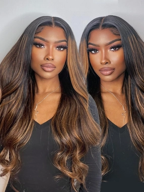 Sunber Ombre Highlight #FB30 13x4 Lace Front Human Hair Wigs Pre Everything 12A Human Hair Balayage Wavy Pre Plucked Invisible Knots 24Inch Piano Chocolate Brown 150% Density Body Wave Frontal Wig