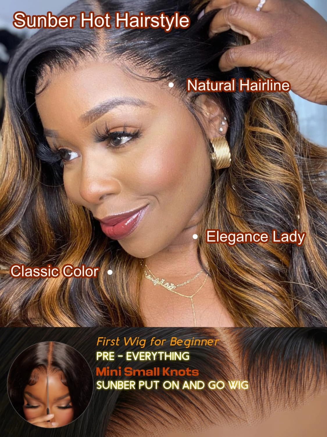 Sunber Ombre Highlight #FB30 13x4 Lace Front Human Hair Wigs Pre Everything 12A Human Hair Balayage Wavy Pre Plucked Invisible Knots 24Inch Piano Chocolate Brown 150% Density Body Wave Frontal Wig