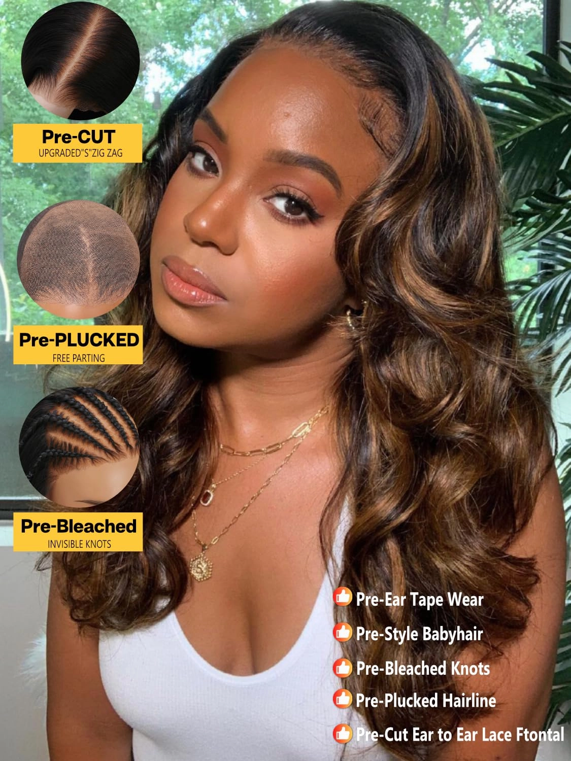 Sunber Ombre Highlight #FB30 13x4 Lace Front Human Hair Wigs Pre Everything 12A Human Hair Balayage Wavy Pre Plucked Invisible Knots 24Inch Piano Chocolate Brown 150% Density Body Wave Frontal Wig