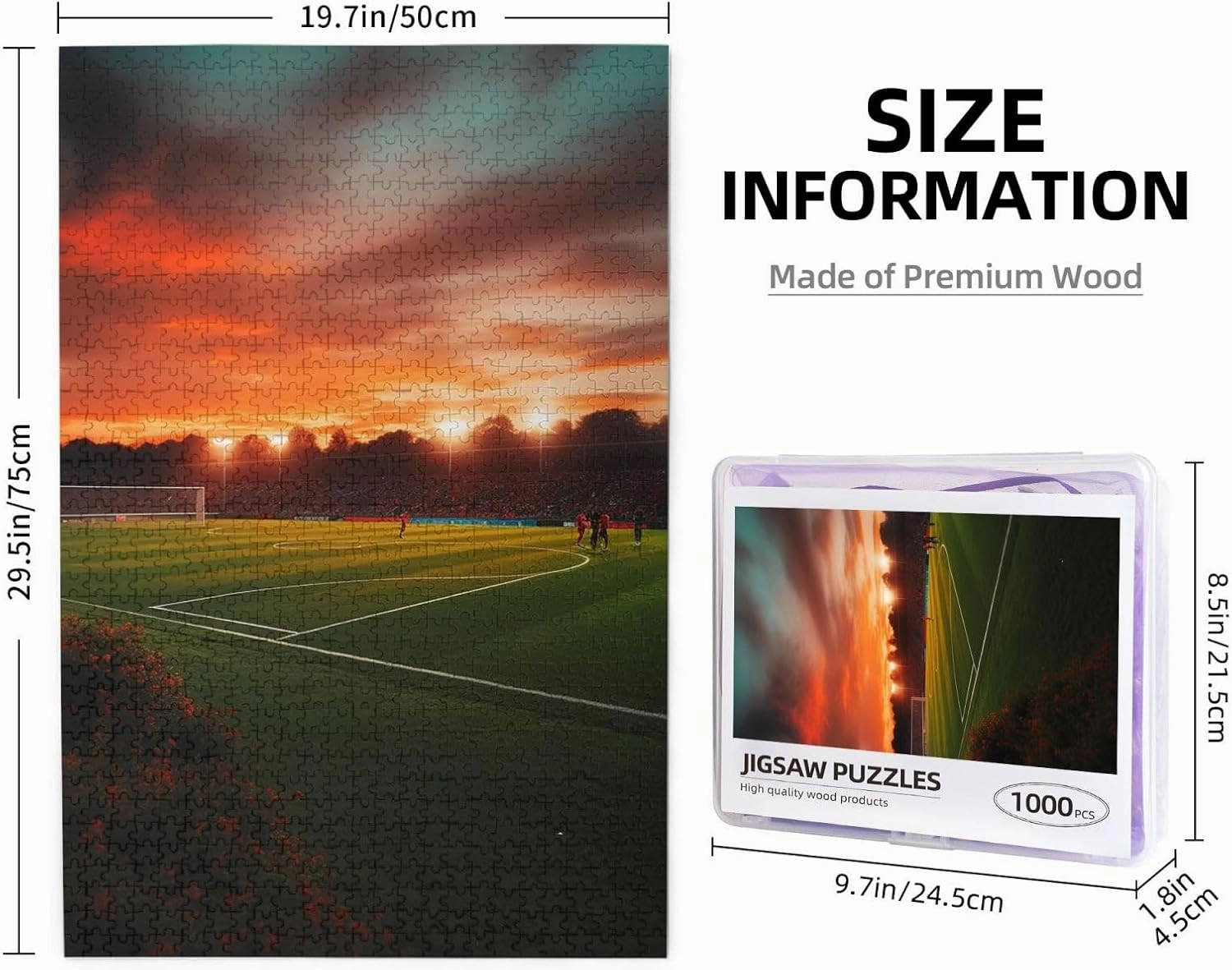 Sunset Beautiful Soccer Field Puzzles 1000 Pieces Personalized Jigsaw Puzzles Wooden Photo Puzzle for Adults Family Picture Puzzle Gifts for Wedding Birthday Valentine's Day Gifts(29.5" x 19.7")