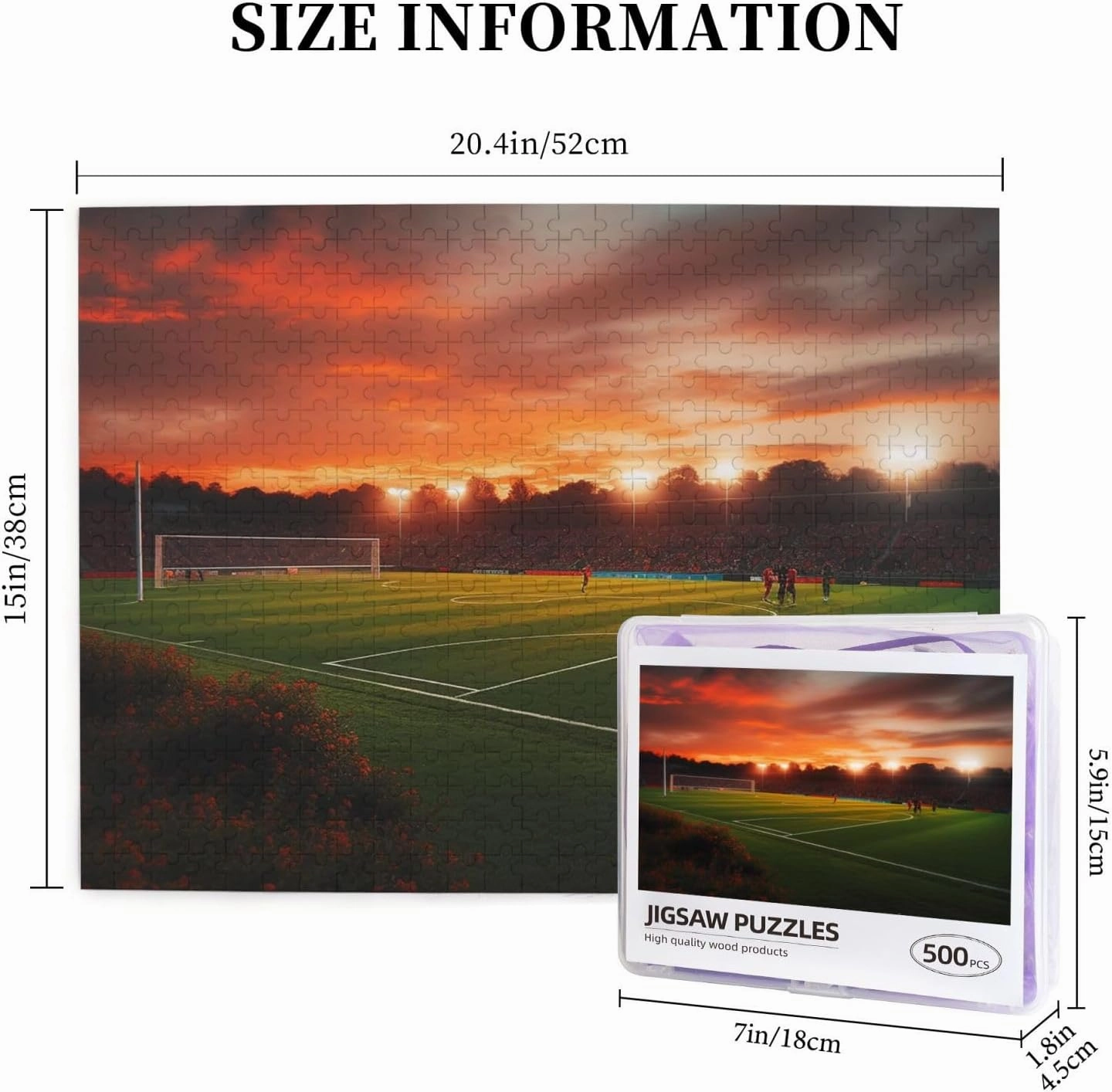 Sunset Beautiful Soccer Field Puzzles 500 Pieces Personalized Jigsaw Puzzles Wooden Photo Puzzle for Adults Family Picture Puzzle Gifts for Wedding Birthday Valentine's Day Gifts 20.4" x 15"