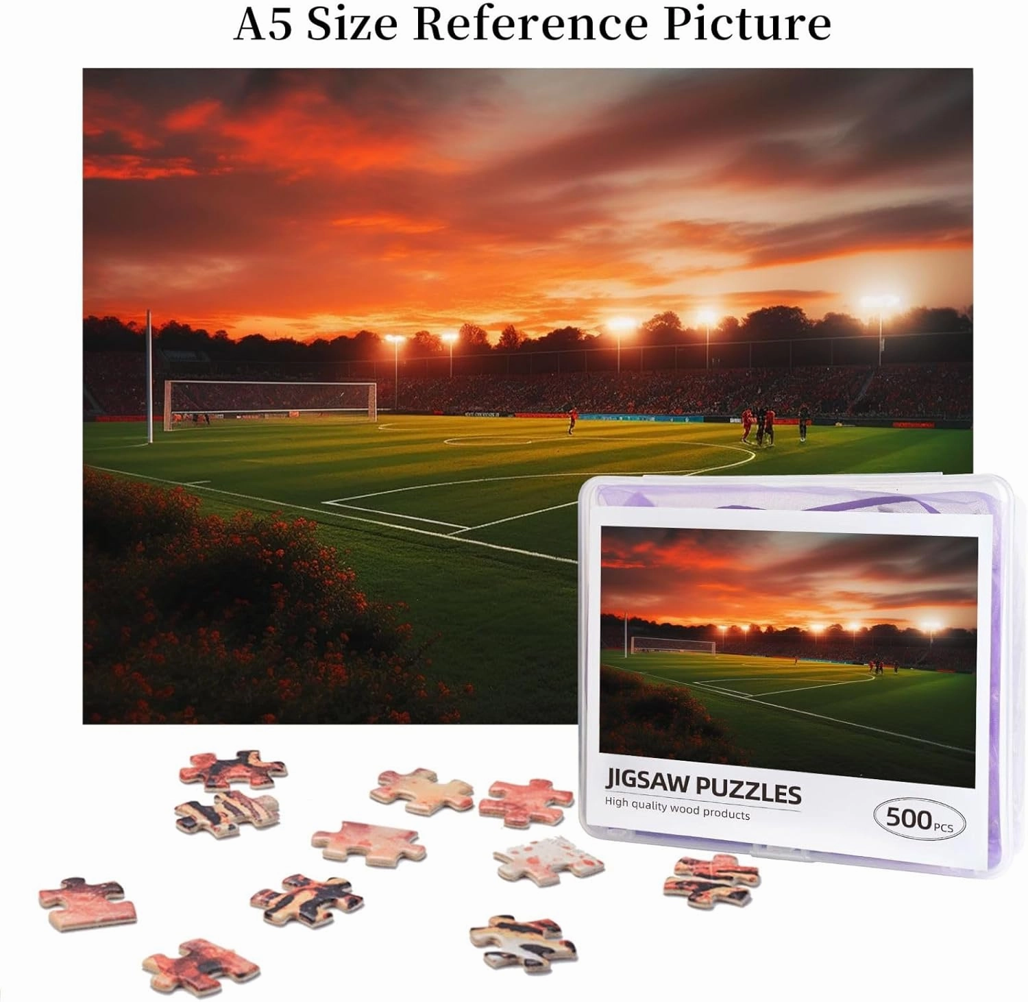 Sunset Beautiful Soccer Field Puzzles 500 Pieces Personalized Jigsaw Puzzles Wooden Photo Puzzle for Adults Family Picture Puzzle Gifts for Wedding Birthday Valentine's Day Gifts 20.4" x 15"