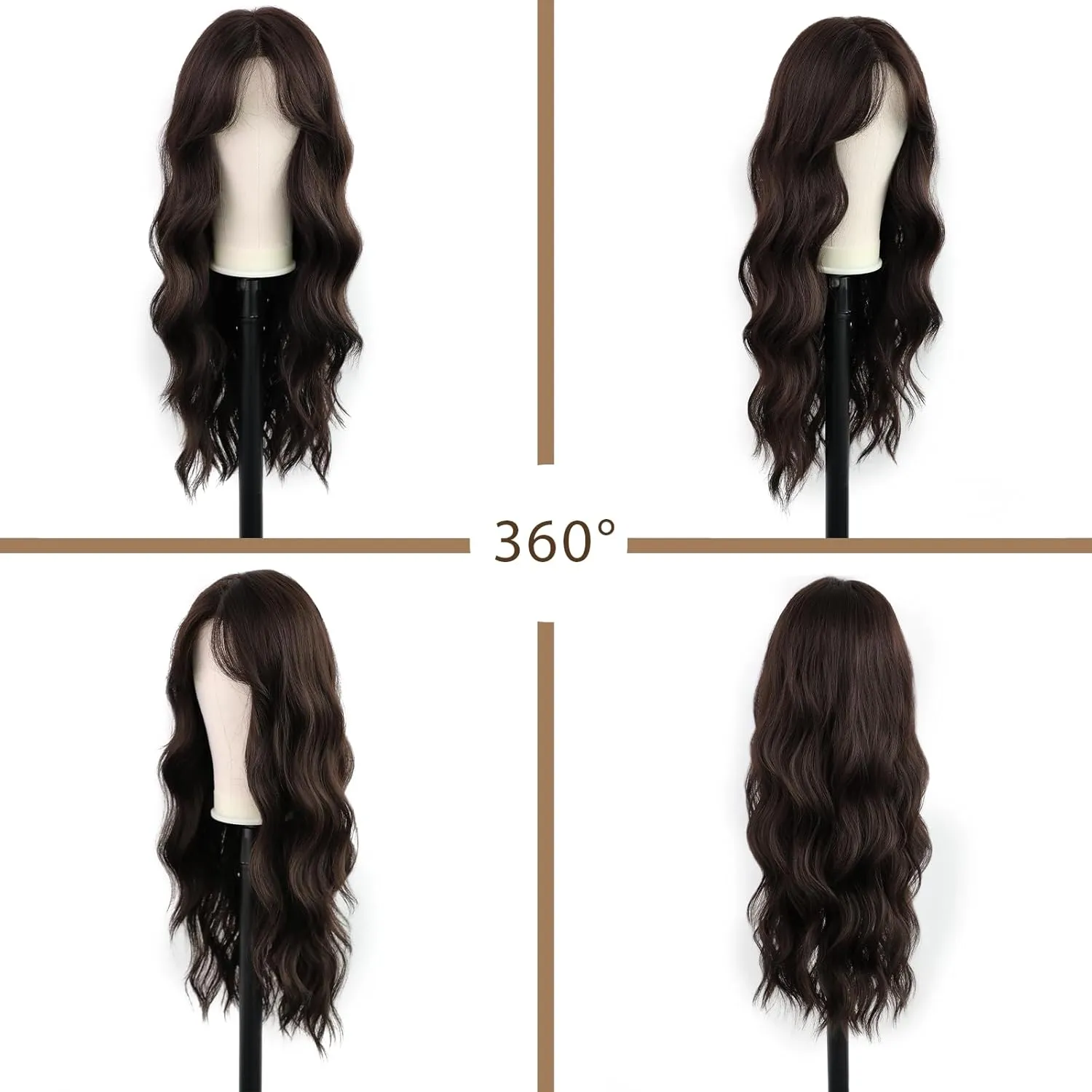 Synthetic Lace Front Wigs Dark Brown 26" Pre Cut Lace Middle Part Glueless Wig for Women Hand-Tied Preplucked Hairline Heat Resistant Wavy Replacement Hair Breathable Net Daily Party Use