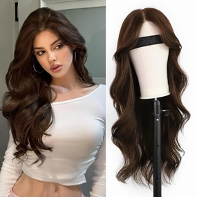 Synthetic Lace Front Wigs Brown 27" Pre Cut Glueless Long Hair Wig for Women Hand-Tied Preplucked Hairline Heat Resistant Wavy Replacement Hair with Adjustable Breathable Net Daily Party Use