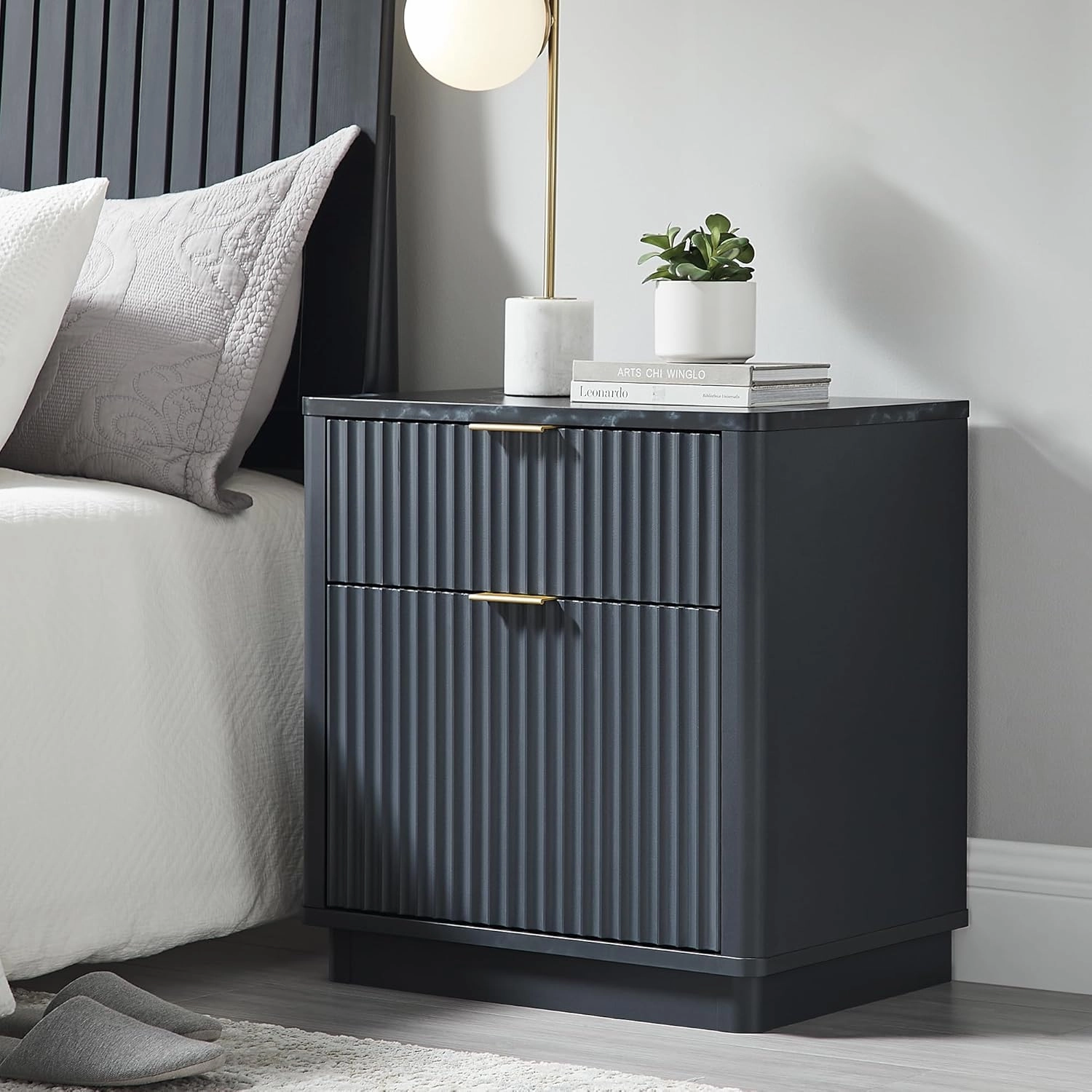 T4TREAM 23'' Fluted Nightstand with Charging Station, Large 2 Drawer Bedside Table, Modern End Table with Storage, Mid Century Night Stand for Bedroom, Living Room, Curved Profile, Dark Grey