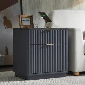 T4TREAM 23'' Fluted Nightstand with Charging Station, Large 2 Drawer Bedside Table, Modern End Table with Storage, Mid Century Night Stand for Bedroom, Living Room, Curved Profile, Dark Grey