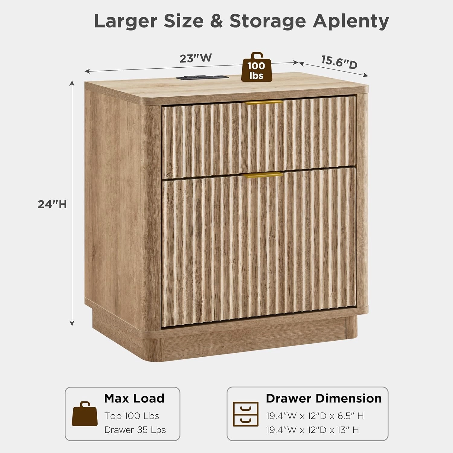 T4TREAM 23'' Fluted Nightstand with Charging Station, Large 2 Drawer Bedside Table, Modern End Table with Storage, Mid Century Night Stand for Bedroom, Living Room, Curved Profile, Natural Oak