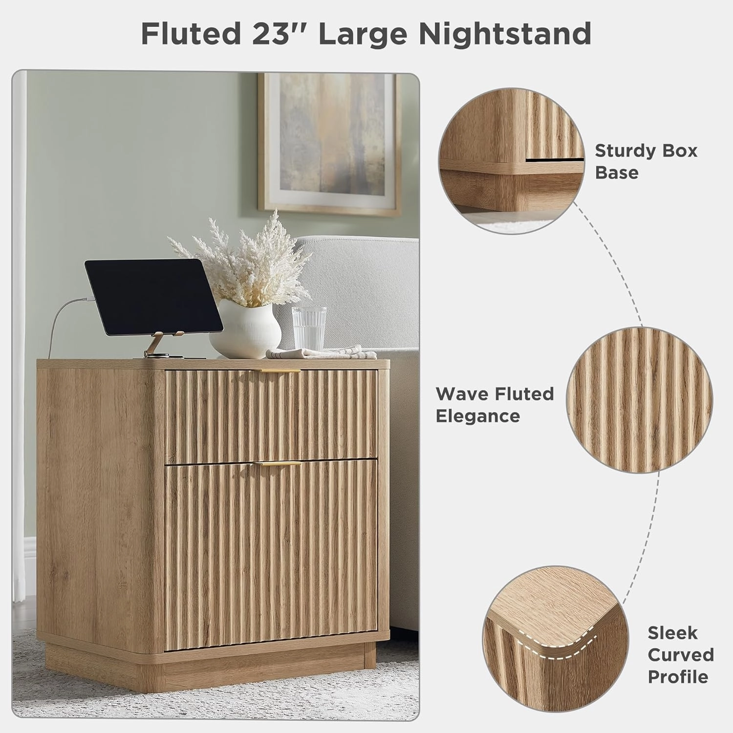 T4TREAM 23'' Fluted Nightstand with Charging Station, Large 2 Drawer Bedside Table, Modern End Table with Storage, Mid Century Night Stand for Bedroom, Living Room, Curved Profile, Natural Oak