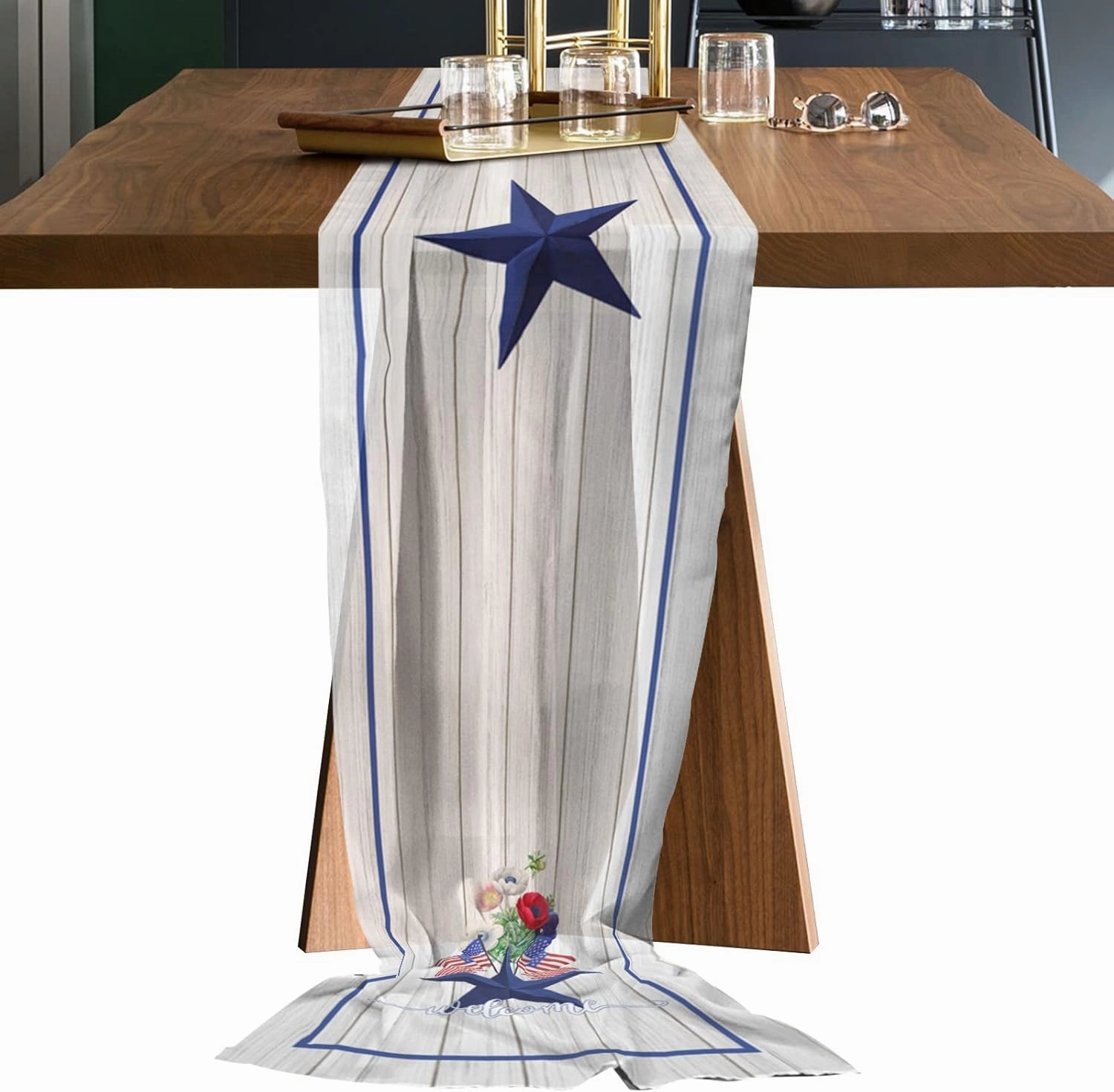 Table Runner 120 inches Long for Wedding Patriotic Star and Red Popies Wood Texture Welcome Chiffon Table Runner for Party/Bridal Romantic Sheer Voile Runners Birthday Dresser Scarf Decor 29x120in