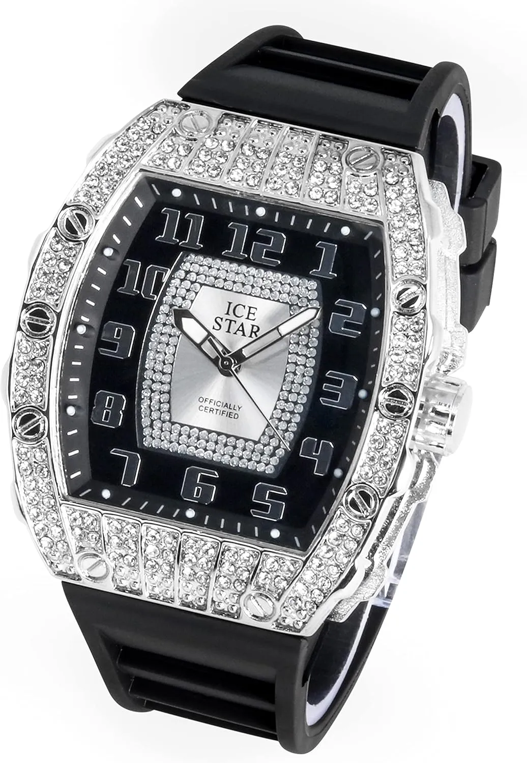 Techno Pave Men's 41mm Iced Out Tonneau Shape Watch, Numeral Dial