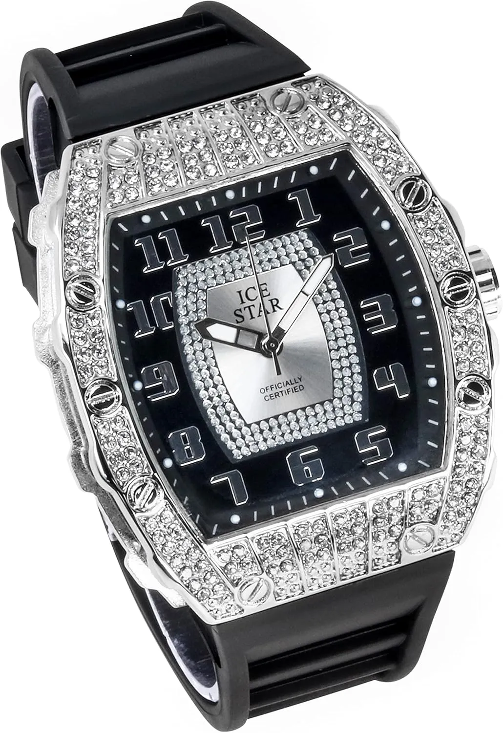 Techno Pave Men's 41mm Iced Out Tonneau Shape Watch, Numeral Dial